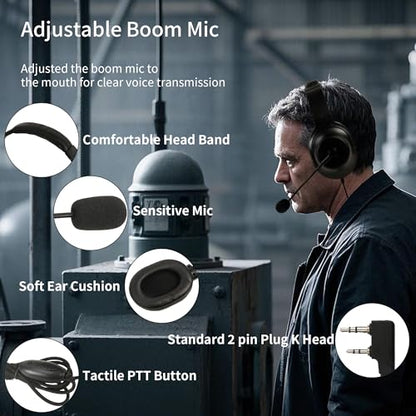 SAMCOM Overhead Walkie Talkies Headset with Boom Mic, for FPCN10A FPCN30A Two-Way Radios, Compatible with BF-888S,UV5R Walkie-Talkies, 2 Pin 2 Way Radio Earpiece (2 Pack) - size: 2 Pcs Foldable Headset