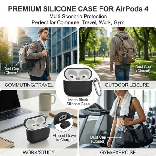 for AirPods 4th Case Cover, Soft Silicone Case with Cleaner Kit, Keychain, Full Protection for Men and Women, Compatible with AirPods 4th Generation (Black) - color: A4-Black
