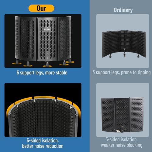 CAHAYA Microphone Isolation Shield Foldable - Mic Shield for Clear Recording Sound Absorbing Foam Reflector with 3/8" and 5/8" Mic Adapter Recording Equipment, Podcasting, Streaming, Home Studio Black