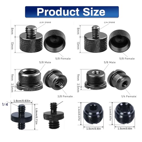 14 Pack Microphone Stand Adapter AluminumAlloy with Extension Tube,3/8 to 5/8 and 1/4 Threaded Screw Mount for Mic Boom Arm,Camera Tripod,Camera Stand Arm,Fill Light,Projector Support Bracket(Black)