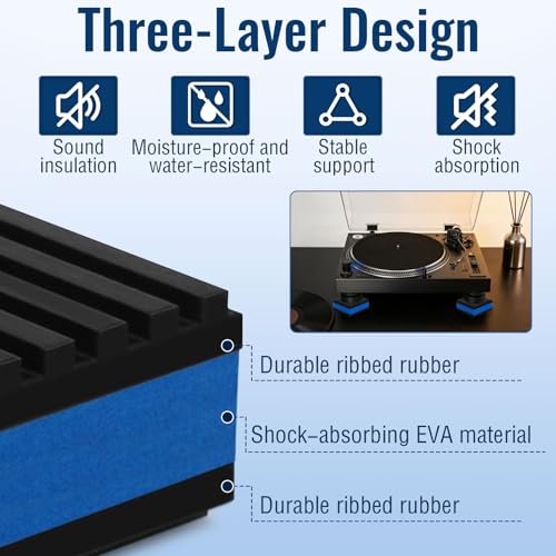 4 Pack Sound Isolation Pads 2 x 2 x 7/8 inches Designed for Turntables | Damping Mats with Textured Rubber & EVA Core Layer, Reduce Vibration and Skipping While Enhancing Musical Clarity