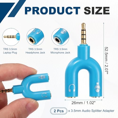 MECCANIXITY 2Pcs Headset Mic Splitter Adapter, 3.5mm Male to Dual Female Y Splitter Microphone and Audio Jack Adapter for PC Laptop Smartphone, Blue - color: Blue