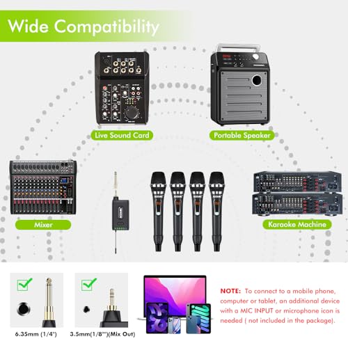 UHF Wireless Microphone System 4-Channel Cordless Mic with 4 Handheld Dynamic Microphones for Church, Speech, Weddings, Karaoke Machine, Q4