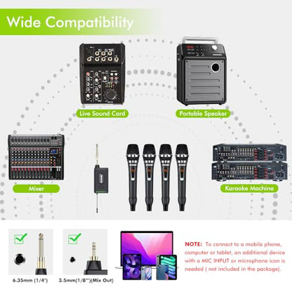 UHF Wireless Microphone System 4-Channel Cordless Mic with 4 Handheld Dynamic Microphones for Church, Speech, Weddings, Karaoke Machine, Q4