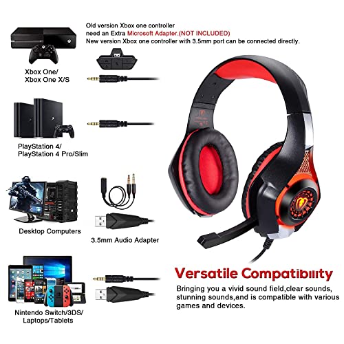 BlueFire Wired Gaming Headset for PS4 PS5 Xbox One PC – Over-Ear Headphones with Surround Sound, Noise Canceling Mic, Soft Memory Foam, LED Light, 3.5mm Jack for Console & Laptop (Red) - color: Red
