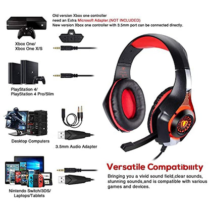 BlueFire Wired Gaming Headset for PS4 PS5 Xbox One PC – Over-Ear Headphones with Surround Sound, Noise Canceling Mic, Soft Memory Foam, LED Light, 3.5mm Jack for Console & Laptop (Red) - color: Red