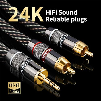 Audiophile HiFi RCA to 3.5mm Audio Cable 9.84ft | 4N OFC Core, 24K Gold-Plated Plugs, Nylon Braid, Ferrite Cores, Double Shielded Rca to Aux for Speaker,Amplifier,Home Stereo - size: 9.84ft/3m