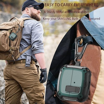 Compatible with Samsung Galaxy Buds 3 Pro Case/Bud3 Cover Lock Clip with Phone Stand for Men, Military Shell Galaxy Buds Pro 3/ Bud 3 Protective Armor Skin with with Cleaner Kit & Carabiner - color: ABlack/Green