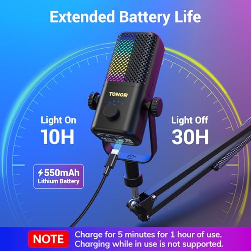 TONOR Gaming Mic Compatible with Xbox, RGB Streaming Boom Mic with 30H Battery Life, Low Noise, Monitoring, Gain Control, One Tap Mute, Fast Charging, Compatible with Capture Card TCX3+ Black - color: Black, style: Modern