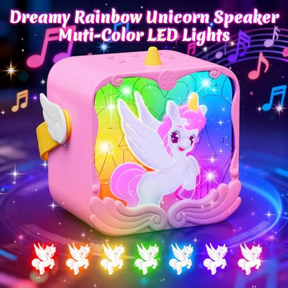 Unicorn Karaoke Machine with Wings & Castle Lights,2 Gem Wireless Microphones&5 Magic Voice,Portable Mini Bluetooth Speaker,Singing Toy Birthday Gift for 3 4 5 6 7 8 9 10 11 12 Year Old Girls Age 3-12