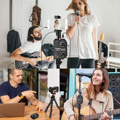 Comica LINKFLEX.AD3 2-Channel XLR/3.5mm/6.35mm Microphone Audio Mixer Preamp with Phantom Power, Real-time Monitoring, Guitar Audio Interface Microphone for DSLR Cameras Camcorders Smartphones Tablets | XLR/3.5mm/6.35mm mic preamp mixer, 48V phantom & ste