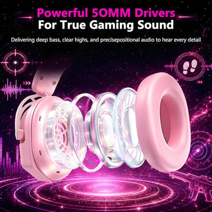 K98 Wired RGB Gaming Headset with Mic, Over Ear Gaming Headphones, 50mm Neodymium Drivers, Noise Isolating Microphone, Memory Foam Cushions, Aluminum Alloy Frame for PC, PS5, PS4, Xbox, Switch - color: Pink RGB