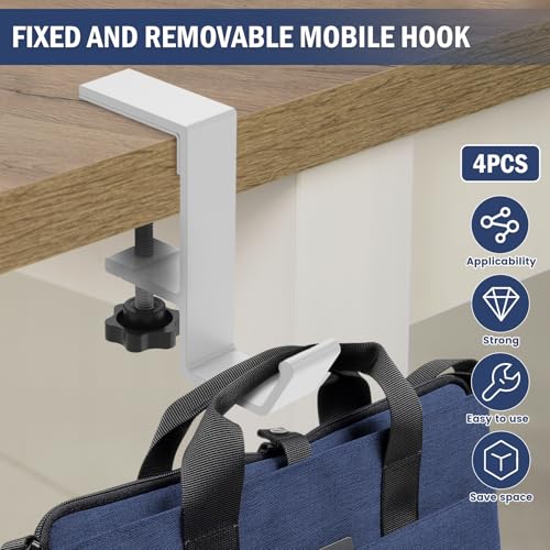 Clamp-On Under Desk Backpack Hanger, Clamp-On Under Desk Headphone Holder, Students' Desk Hook, with Adjustable Arm Clamp for Handbag and Purse Holder (White) - color: White