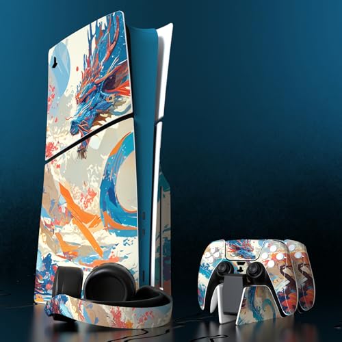 PlayVital Full Set Skin Sticker for ps5 Slim Console Disc Edition (The New Smaller Design), Vinyl Skin Decal Cover for ps5 Controller & Headset & Charging Station - Dragon's Elysium - color: Dragon's Elysium