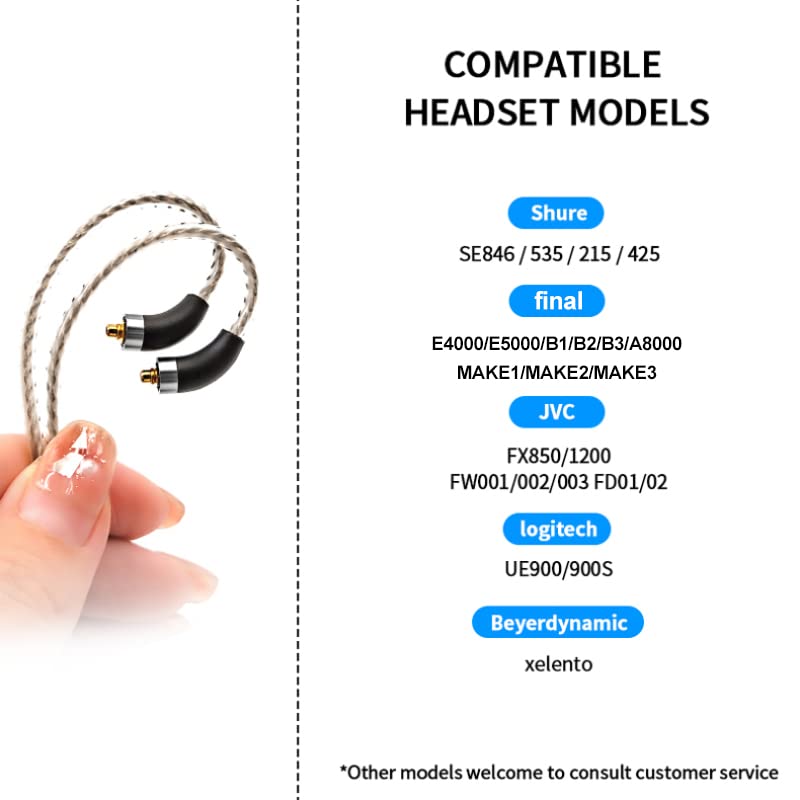 Earphone Cable MMCX Cable Silver Plated High Purity Monocrystalline Copper Fits for Final Audio E4000/E5000/B1/B2/B3/A8000/Make1/Make2/Make3 IEM Cable with 3.5mm Plug
