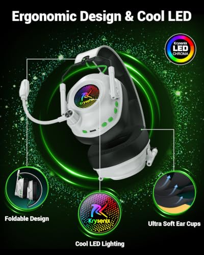 Krysenix Wireless Gaming Headset with Mic for PS5 & PC - White | 50mm Titanium Drivers,Low Latency, 2.4GHz & Bluetooth,Noise-Cancelling Mic,1200 mAh Battery,Foldable,Ideal for FPS,RPG - color: White