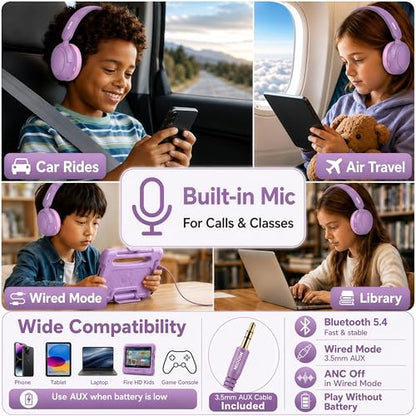 MIDOLA Kids Bluetooth Headphones Wireless,ANC,68H,Safe Volume Limit 85/94dB | Active Noise Cancelling,Adjustable Headband Foldable Over-Ear for Toddler Girls Boys Tablet/iPad,HD Stereo,Built Mic,Purple - color: Lavender Purple