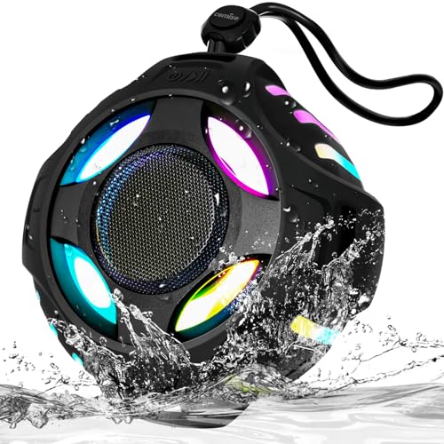 comiso Shower Speaker, Portable Speaker with Robust Bass, IP67 Waterproof | Bluetooth Speaker with LED Light, Floating, Stereo Sound, 2000mAh, Lanyard, Great for Kayak, Travel, Beach, Gift for All Ages - color: Black