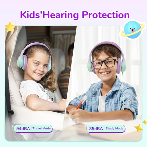 EarFun K3 Kids Headphones, Wired Kids Headphones with Mic for School/Travel | Built-in Mic, 85/94dB Volume Limit, HD Stereo Sound, 3.5mm Jack, Foldable Wired Headphones for Boys/Girls/Tablet/iPad, Purple - color: Purple