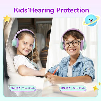 EarFun K3 Kids Headphones, Wired Kids Headphones with Mic for School/Travel | Built-in Mic, 85/94dB Volume Limit, HD Stereo Sound, 3.5mm Jack, Foldable Wired Headphones for Boys/Girls/Tablet/iPad, Purple - color: Purple