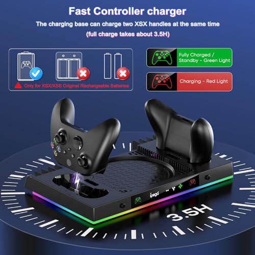 LED Cooling Stand & Charging Station for Xbox Series X Console | Cooling Fan Station for Xbox Series X Accessories with 2X 1400mAh Rechargeable Controller Battery Pack, 15 Light Modes - color: Carbon Black
