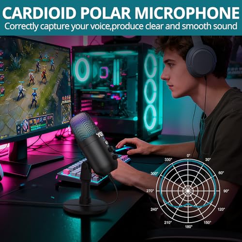 USB Gaming Microphone with RGB Lights Stand for PC, PS4, PS5 — Condenser Microphone Mute Headphones Jack, Noise Cancellation, Gain Control USB/XLR | Gaming, Podcasting, Streaming