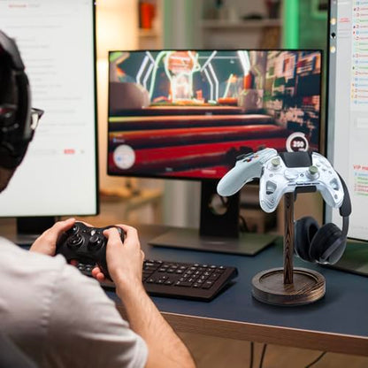 MyGift Industrial Matte Black Metal Headphone Stand with Burnt Wood Tray – Desktop Headset and Gaming Controller Holder for Office, Studio, or Console Setup - color: Dark Brown