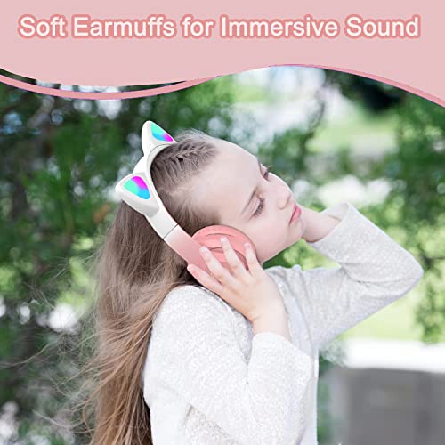 Kids Wireless Bluetooth Headphones with Microphone for School/Travel/Tablet | Cat Ear Headphones; Over Ear Headphones - color: New Pink