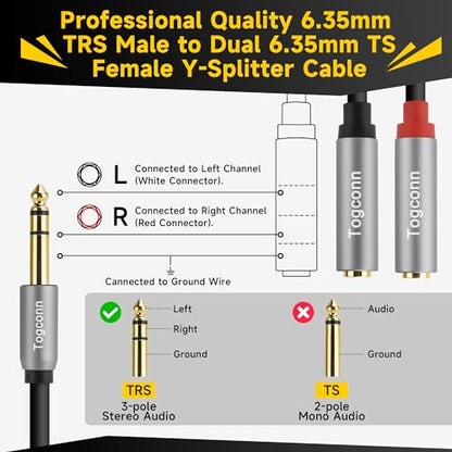 1/4 inch TRS Stereo Splitter Y Adapter, 6.35mm Stereo Male to Dual 6.35 mm TS Mono Female Jack, Quarter inch Audio Speaker Splitter Converter Cable 1 Feet, Gold Plated Connectors - color: 6.35mm TRS Male to Dual 6.35mm Female, size: 1 Pack