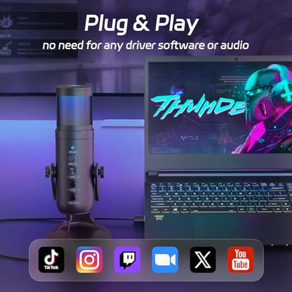 USB Streaming Microphone for PC Laptop | Noise Cancelling, Volume Ctrl, Plug & Play, RGB Light, Monitor Jack, Compatible with PS4 PS5 Mac for Gaming Podcast Creator