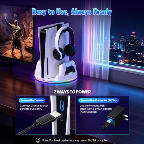 NEWDERY for PS5/Slim/Pro Console Stand with Controller Charger | Charging Station for PS5 Controllers, Adjustable RGB Light, for PS5 Controller Charger Stand, White - color: White
