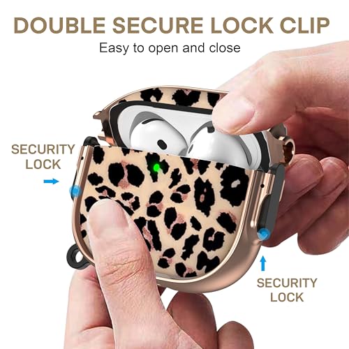 for AirPods 4 Case with Safety Lock, Magsafe Compatible, Leopard | Double Secure Lock,Drop Protection,Two-Piece Design,with Gold Keychain, Anti Lost, Dustproof, Cute AirPod 4 Case - color: Brown + Yellow, size: AirPods 4 Case
