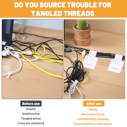 50 Pcs Cable Management Under Desk Wire Clips Under Table Hook and Loop Cable Straps White Adjustable Self-Adhesive Cables Ties Reusable Cord Organizer Holder for Home, Office