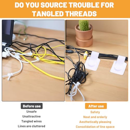 50 Pcs Cable Management Under Desk Wire Clips Under Table Hook and Loop Cable Straps White Adjustable Self-Adhesive Cables Ties Reusable Cord Organizer Holder for Home, Office