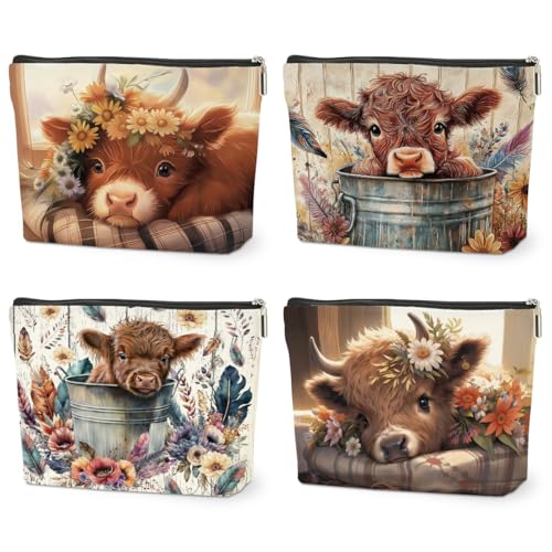 4 PCs Highland Cow Makeup Bag Highland Cow Gifts Cosmetic Bag - color: highland cow makeup bag