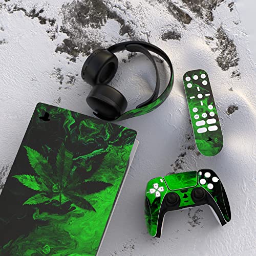 PlayVital Green Leaf Full Set Skin Decal for ps5 Console Digital Edition, Sticker Vinyl Decal Cover for ps5 Controller & Charging Station & Headset & Media Remote - color: Green Leaf
