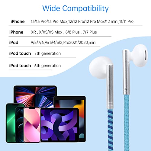 Rope Braided Earphones with Mic, Kids Earbuds, in-Ear Lighting Headphones,Tangle-Free Cord Wrapped for iPhone 7, 8,11,12.13,XR MAX