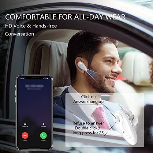 Kendir Bluetooth Earpiece, V5.0 Wireless Headphone Cell Phone Headset 8 Hrs Talking with Noise Cancelling Mic, Volume Control, Handsfree Earbud for iPhone Android Samsung Laptop Trucker Driver - color: White