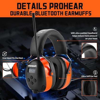 PROHEAR 033 2.0 Upgraded Bluetooth Hearing Protection AM FM Radio Headphones - 31SNR Noise Reduction Ear Muffs with Long-Lasting Stable Rechargeable Battery - 50 Hrs for Mowing Snowblowing - Orange - color: Af/Fm+bluetooth-orange