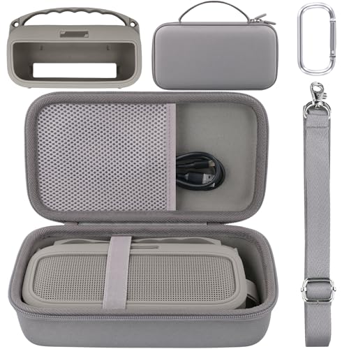 co2CREA Hard and Silicone Travel Case for Bose SoundLink Flex 2/1,Sandstone | 2nd Gen Compatibility, Dual-Layer Protection, EVA Hard Shell, Silicone Cover, Adjustable Shoulder Strap, Aluminum Carabiner - color: Sandstone Case