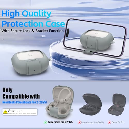 Protective Cover for Beats Powerbeats Pro 2 Case with Secure Lock & Phone Stand, Shockpoof Protection Clear Case Compatible with Beats Powerbeats Pro2 Earbuds with Cleaner Kit & Keychain (Grey) - color: Grey