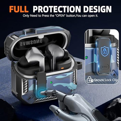 Safety Lock Case for Samsung Galaxy Buds3 FE/3/3 Pro (C-Blue) | with Secure Lock Clip & Cleaning kit Full Body Shockproof Carbon Fiber Protection Design - color: B-C-Blue