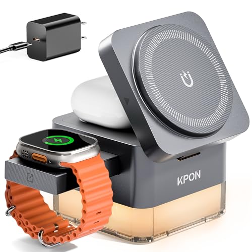 for iPhone Nightstand Charging Station, 15W 3 in 1 Wireless Phone Charger Stand with Night Lamp, Charging Dock for MagSafe, Foldable Cube, for iPhone 17/16/15/14/13/12, iWatch/AirPods, Gray - color: Gray