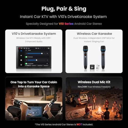 Wireless Microphone Kit, Dual Handheld Rechargeable Karaoke Mics with Receiver, Low Latency, 15m/49ft Range, 6H Duration, Compatible with V10 Series Car Stereo for Singing Party