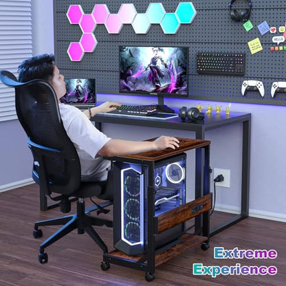 Computer Tower Stand with Charging Station for Full ATX-Case,Brown | Height Adjustable PC Stand with Wheel, CPU Holder with 2 AC Outlets + 2 USB Ports, 2-Tier Storage, Durable Metal Frame - color: Brown