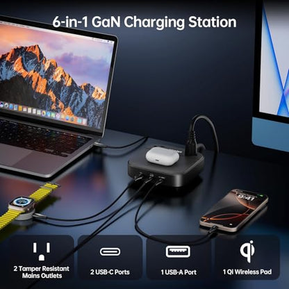 Charging Station 67W, 6 in 1 iPhone Charger Station with USB Port | Wireless Charging, 2× AC Outlets, Desktop/Bedside/Nightstand GaN Multi Power Station for iPhone, Galaxy, Hotel-Grade, Black - color: Black