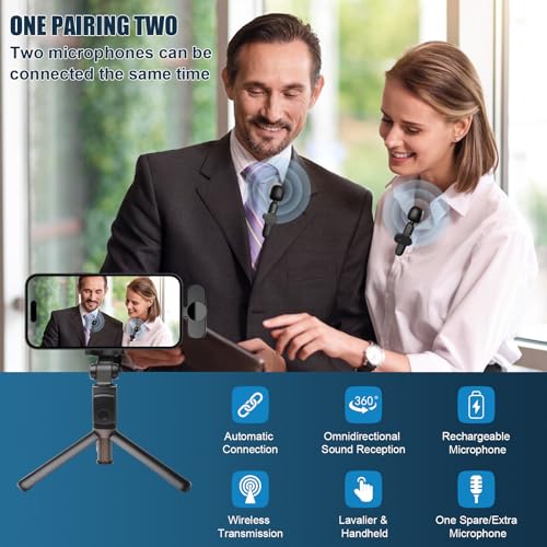 2 Pack Wireless Microphones for iPhone iPad Android Laptop, Clip-on Mini Microphone Plug-Play, Professional Lavalier Microphone for YouTube, TikTok, Vlog, Live Streaming, Interview