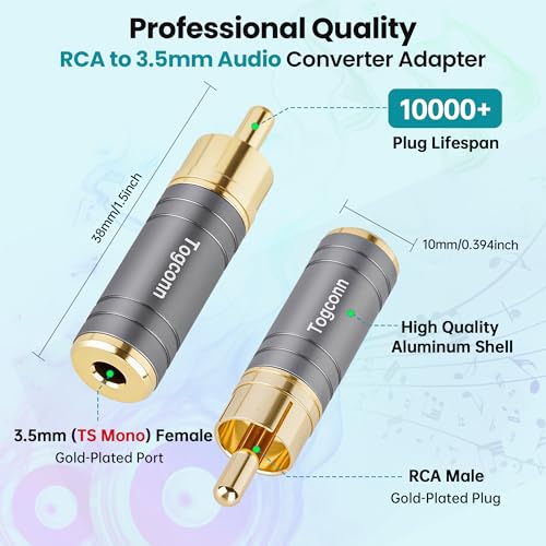 RCA to 3.5mm 1/8 Inch Audio Adapter 2Pack, RCA (Male) Plug to 2-Pole 3.5mm 1/8" TS Mono (Female) Jack Converter Connector Gold-Plated Plugs & (Aluminum Shell) for Headphones, Speakers and More - size: 2 Pack