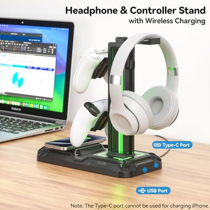 KDD RGB Headphone Controller Stand with Wireless Charging & Desk Aluminum Headphone Stand for Universal Storage