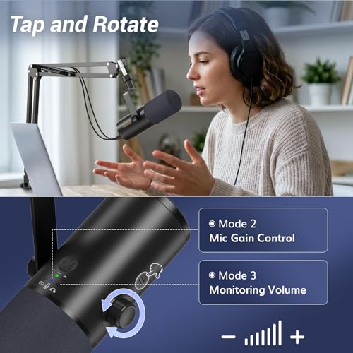 TONOR Dynamic Podcast Microphone for Content Creators, Cardioid XLR/USB Mic, AI Noise Cancellation, Tap Mute, 3.5mm Jack for Monitoring, Volume Control, Microfono with Boom Arm, Black, TD510 AIR H+